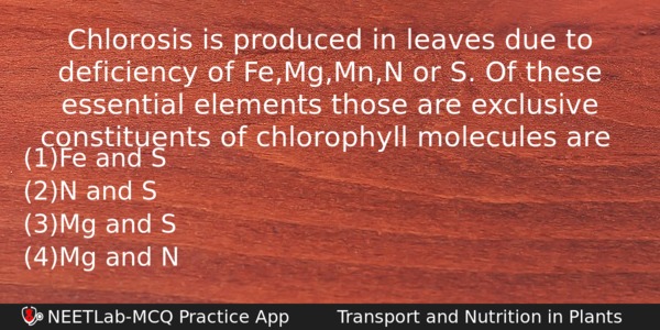 Chlorosis Is Produced In Leaves Due To Deficiency Of Femgmnn Biology Question 