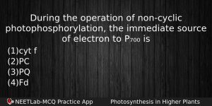 During The Operation Of Noncyclic Photophosphorylation The Immediate Source Of Biology Question