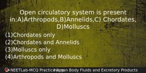 Open Circulatory System Is Present Inaarthropodsbannelidsc Chordates Dmolluscs Biology Question