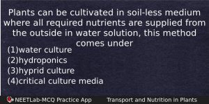 Plants Can Be Cultivated In Soilless Medium Where All Required Biology Question