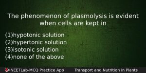The Phenomenon Of Plasmolysis Is Evident When Cells Are Kept Biology Question